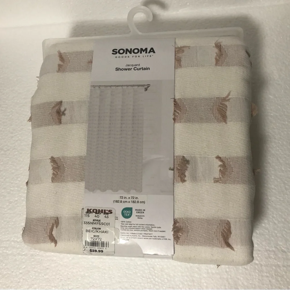 Sonoma Cream and Tan Striped With Frayed Edges Textured Shower Curtain